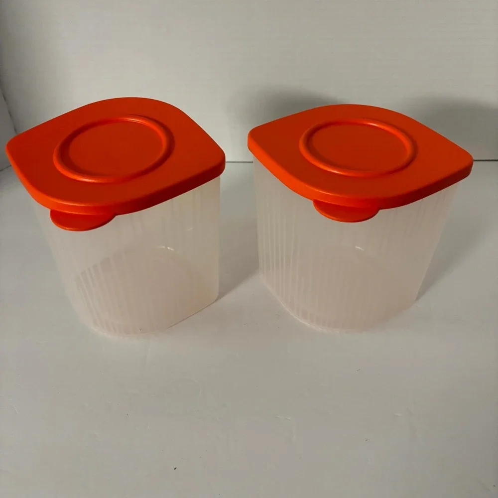Tupperware Modular Mates 1 Qt Canisters Set of 2 Clear Orange Airtight Lids
